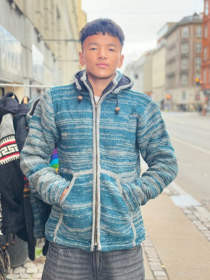 Handmade Blue Woolen Jacket – Nepali Artisan Hoodie with Earthy Tones